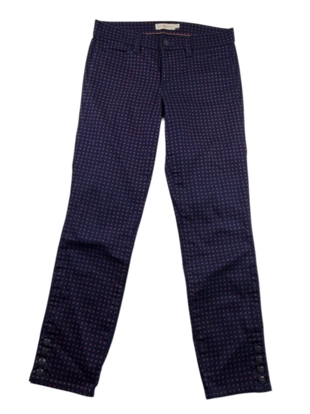 Tory Burch Navy Printed Skinny Ankle Pants Button Hem Women's Size 27